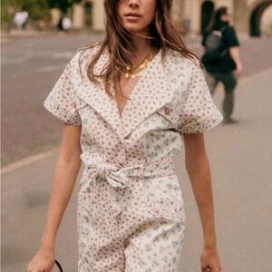 NWT Sezane Floral Short-Sleeve Jumpsuit with Belt